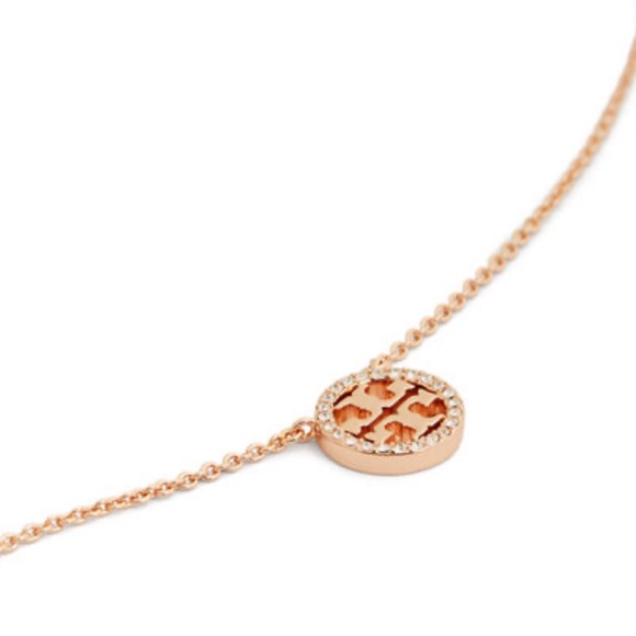 TORY BURCH • Rose Gold Delicate Crystal Logo Miller Necklace - Picture 4 of 9